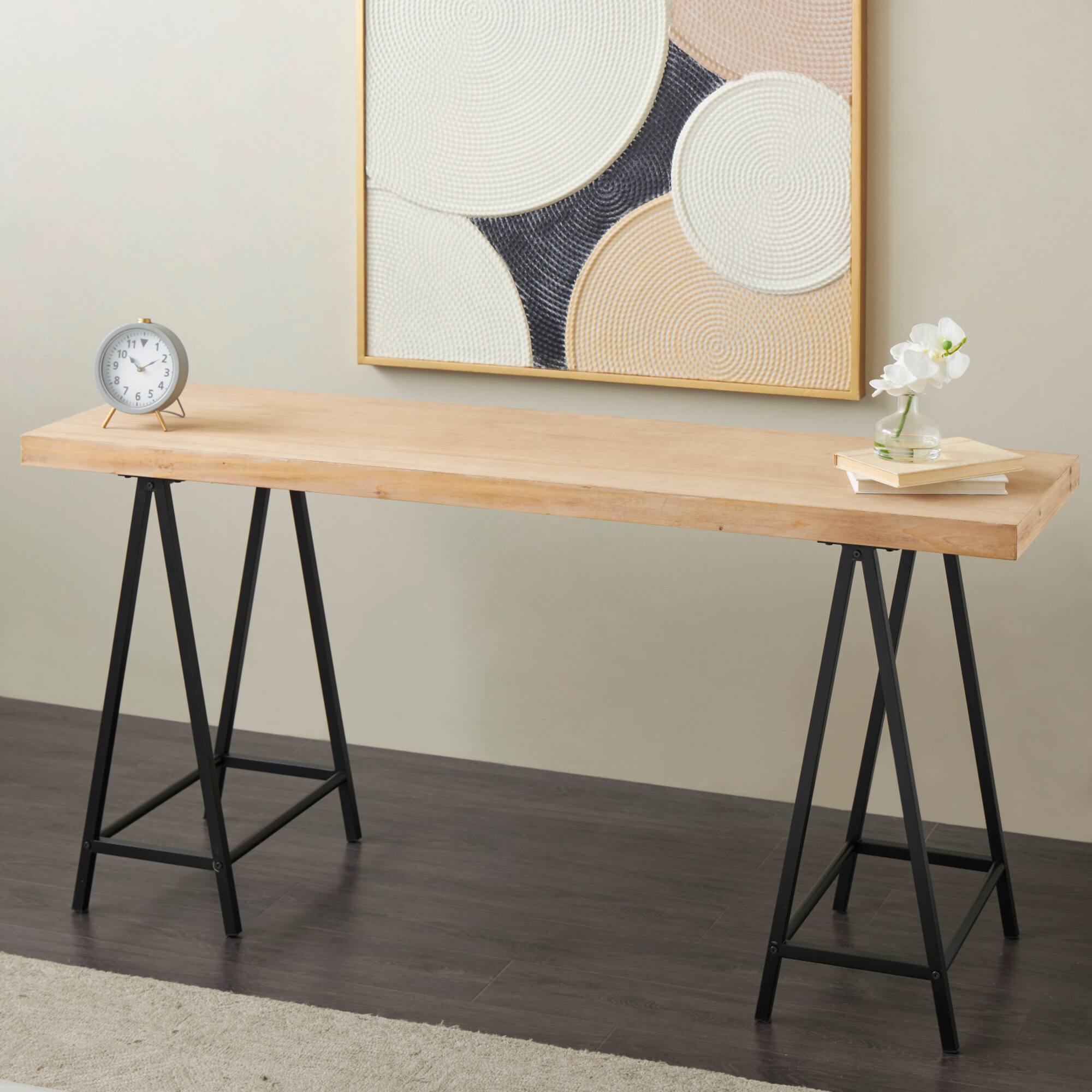 63" Brown Living Room Console Table with Black Metal Supports